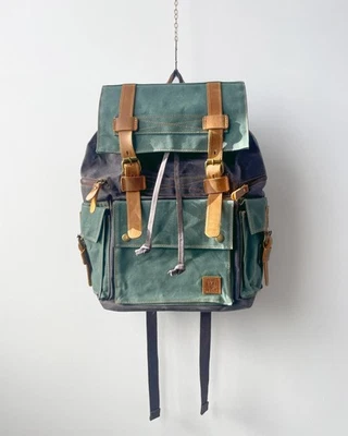 Large Waxed Cotton Rucksack - Vintage Style Backpack - Turquoise Brown & Black - Image 1 of 4