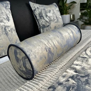 Navy Gold Piped Cushion Bolster 16" x 6" - Designer Bed Pillow TESSERE Midnight - Picture 1 of 10