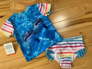 NWT HUDSON BABY 2 Pc Rashguard Swim Set UPF 50+ 18 Month Girl DOLPHIN Print - Picture 1 of 4