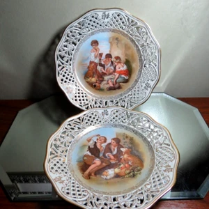 2 Schumann Reticulated Hand Enameled GIlded 9 1/2"  Plates Children's scene - Picture 1 of 19