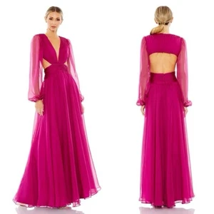 Ieena Mac Duggal Ruched Sz 10 Puff Sleeve Cut Out Organza Pink Maxi Gown - Picture 1 of 6