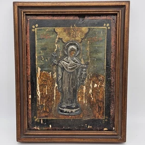 Antique 18c Russian Orthodox Icon - Pokrov Mother of God with Silver Oklad - Picture 1 of 9
