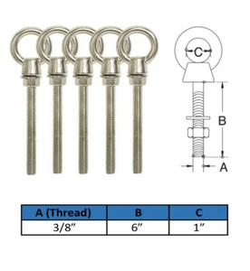 Set Of 5 Pc Stainless Steel Marine 3/8''x6'' Shoulder Eye Bolt Fully 1,000Lb Cap - Picture 1 of 5