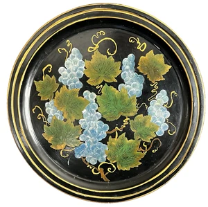 Vintage handbemalte Metall Tole Platte Tablett - Trauben & Blätter Design - 14" Durchmesser - Bild 1 von 4