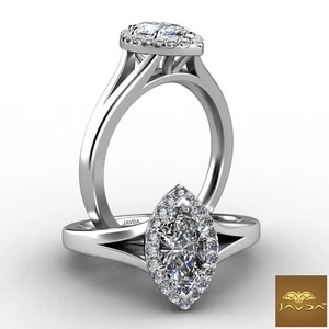 Anillo de compromiso francés U pavé de diamantes marquesa con vástago dividido con halo GIA E VS1 0,92 quilates - Imagen 1 de 12