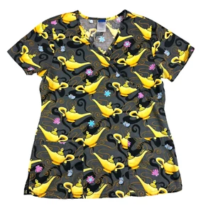 Disney Scrub Top Women's Small Gray Aladdin Magic Lantern Genie 2 Pockets V-Neck - Picture 1 of 9