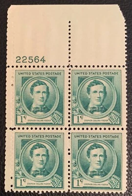 1940 US SCOTT #879 STEPHEN COLLINS FOSTER 1CENT GREEN PLATE BLOCK OF 4 MNH OG VF - Image 1 of 3