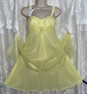 VTG NWT 32 Lemon Yellow Babydoll Bra Top Chiffon Nightgown Nightie Lace Rosette!