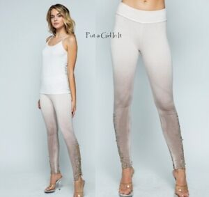 New VOCAL Womens TAUPE TIE DYE CRYSTAL CROCHETED LACE LEGGINGS PANTS S M L XL