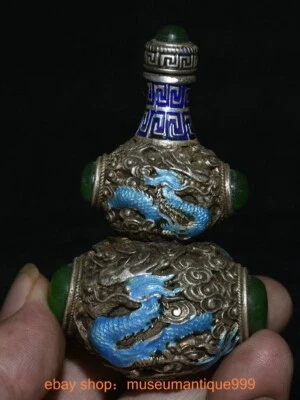 3.4" Old Chinese Silver inlay Green jade Draogn beast gourd snuff box Bottle - Image 1 of 4