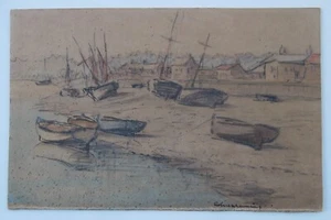 Pintura impresionista del siglo XIX barcos de playa por el artista del puerto pesquero Robert Manning - Imagen 1 de 12