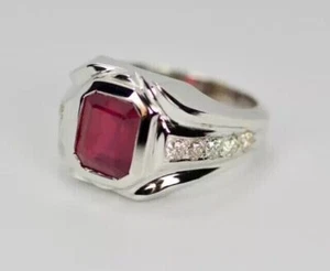 3CT Emerald Cut Lab Created Ruby Diamond 14K White Gold Plated Men Classic Ring - Picture 1 of 5