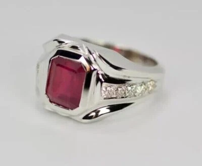 3CT Emerald Cut Lab Created Ruby Diamond 14K White Gold Plated Men Classic Ring - Image 1 of 4