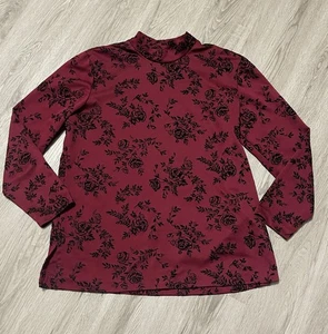 Camisa Vintage Romántica Borgoña y Terciopelo Floral Manga Larga Cuello Simulado Talla M - Imagen 1 de 6