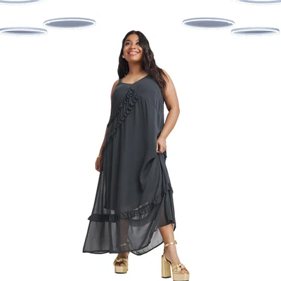 Ex Simply Be Women's Plus Size Sleeveless Ruffle Maxi Dress with Slip - Grey - Image 1 of 4