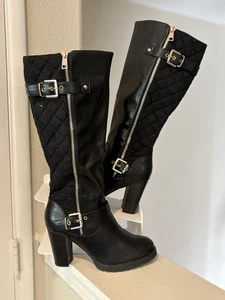 MySoft Heeled Boots Stacked Heel Black Gold Buckles Womens Size 7 Worn Once - Picture 1 of 11