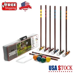 Croquet Set 6 Mazze Legno Croquet 6 Palline 2 Paletti Legno e 9 Wicket Metallo US - Foto 1 di 7