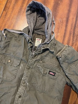 Jaqueta de trabalho Dickies masculina exército verde zíper lona com capuz lã grunge pequena - Imagem 1 de 4