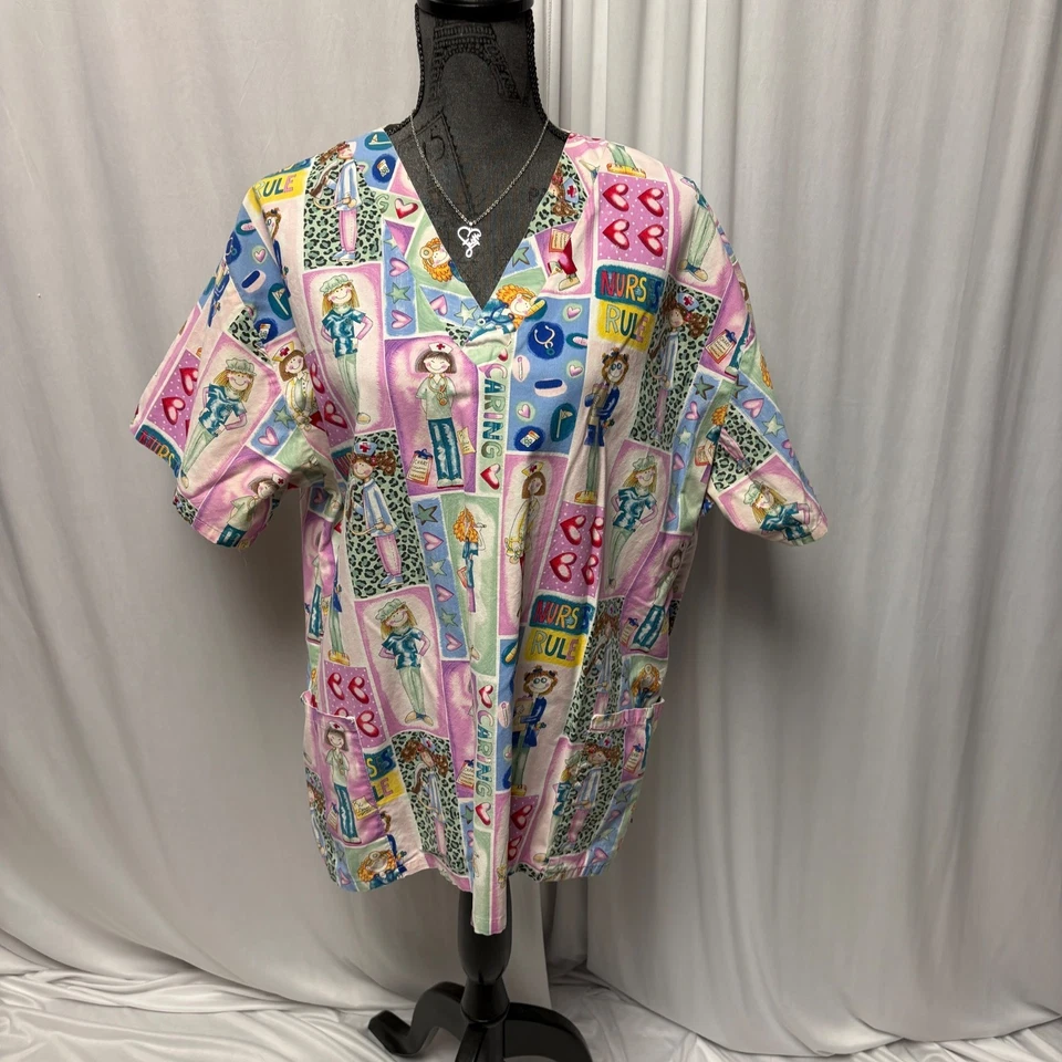 White Swan Scrub Top Womens Size XL Nurses Rule Cartoon Short Sleeve V-Neck - Image 1 of 4