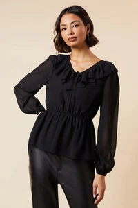 Dorothy Perkins Damen Bluse schwarz Rüschen vorne Langarm elegant V-Ausschnitt - Bild 1 von 5