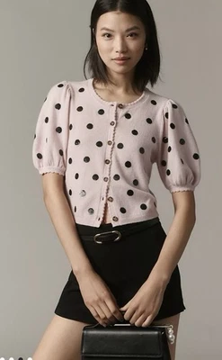 NWT!! Anthropologie MAEVE Puff-Sleeve Cashmere Cardigan Sweater Pink Sequin Dots - Image 1 of 4