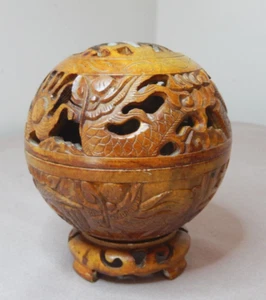 ANTIQUE CHINESE CARVED STONE CENSER LIDDED BOWL SUN DRAGON 300 GRAM 9cm HIGH - Picture 1 of 14