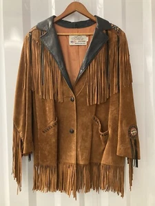 Lariat Leather Coat Fringed Beaded Southwest Suede Made in USA Sz Large Vintage - Picture 1 of 12