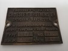 RARE ANTIQUE CROSSLEY BROTHERS BRASS MACHINE TYPE ID. PLATE TAG