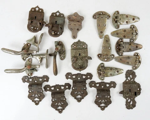 Lot of Vintage Icebox Hardware Latches  Hinges Catches Fancy Brass Cover