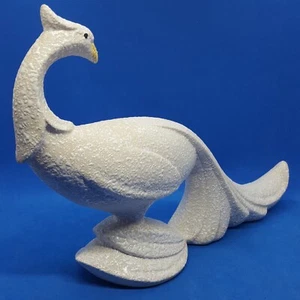 Retro Art Deco 11" Peacock Figurine White Raised Splatter Speckles on Beige Tan - Picture 1 of 11