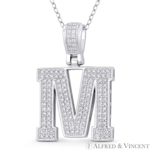 Initial Letter "M" Block Script CZ Crystal 925 Sterling Silver & Rhodium Pendant - Picture 1 of 1