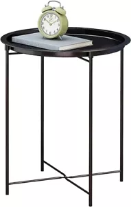 Round Side Table Metal Folding End Table with Removable Tray, Black - Picture 1 of 11