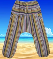 Boho Yoga Harem Hushed Gray Khaki Striped Comfy Trouser Pant M/L