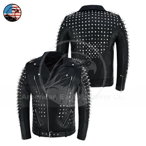 Mens XL Black Studded Vintage Biker Leather Jacket Gothic Metal Steampunk Spiked - Picture 1 of 8