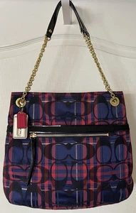 COACH Poppy Tartan Plaid Glitter Snap Chain Tote Bag Purse In Blue & Pink EUC - Picture 1 of 11