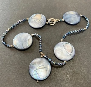Vintage 925 Sterling Abalone Shell Mother of Pearl Coin Bead Choker Necklace - Picture 1 of 10