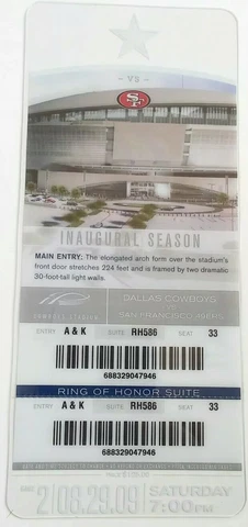 2009 Dallas Cowboys San Francisco 49ers Football Plastic Suite Ticket 1st Season Cover