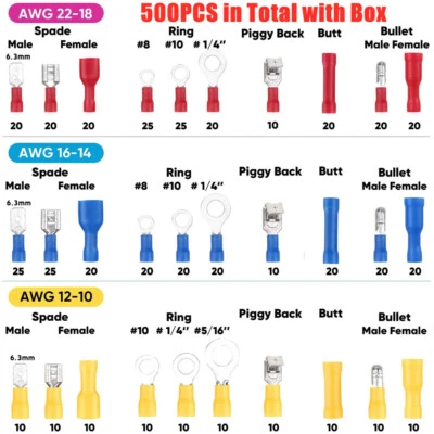 500PCS Assorted Crimp Terminal Insulated Electrical Wiring Connectors With Box - Image 1 of 4