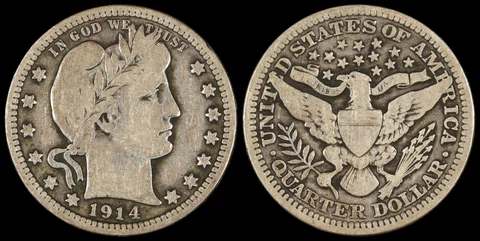 1914 Barber Quarter Silver 25c US Type Coin Obsolete Circulated Cover
