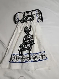 Handmade Hanging Oven Towel Farmhouse Chicken Cow Pig Black And White Button - Picture 1 of 8