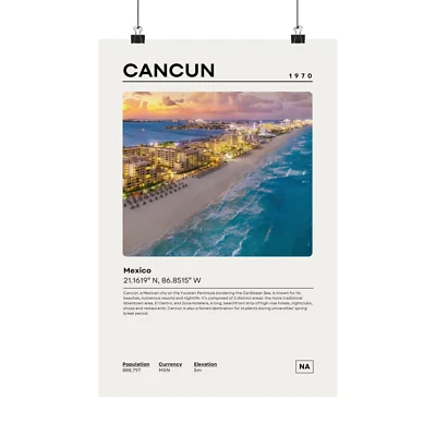 Póster de Cancún, impresión de arte de pared vintage, idea de regalo de viaje, decoración de dormitorio de oficina en casa Foto 1 de 4