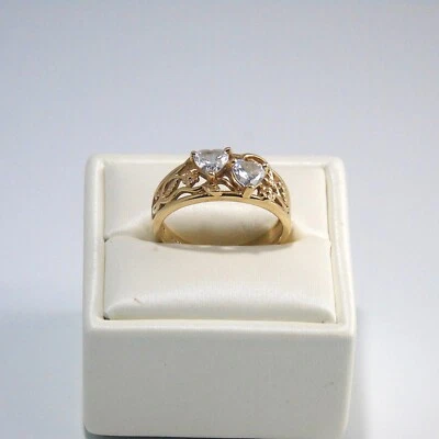 14k Gold Anniversary Twin Hearts Ring 1ct Diamonique sz 6.5 tw 3.8g - Image 1 of 4