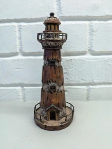 Very Cool 9 Inch Tall Resin Lighthouse With Rustic Wood Detail & Tree Trunk Base - Picture 1 of 2