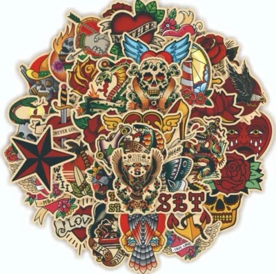 Pegatinas de tatuaje vintage 50pk estilo tatuaje dibujos animados mixtos estilo antiguo pegatinas Foto 1 de 3