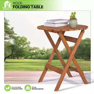 24"Brown Wooden Foldable Round Coffee Table Collapsible Outdoor Garden Furniture - Picture 1 of 9