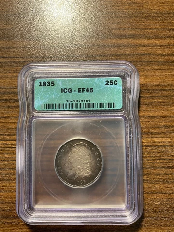 1835-P Capped Bust Silver Quarter 25C ICG XF 45 EF 45 Type 2, Small Size Cover