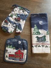 Vintage Christmas Lodge Lake Moose Tree Cabin Pot Holder & Oven Mitt Towel Set