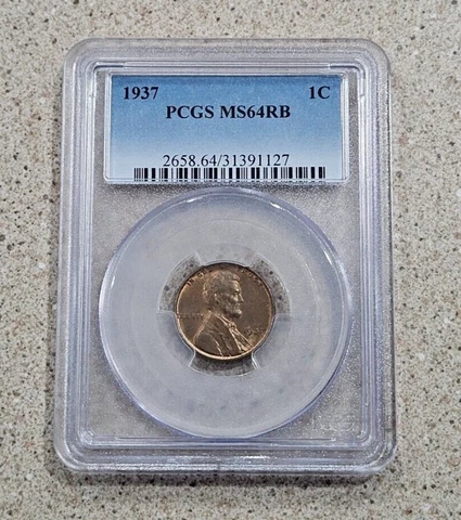 1937 Wheat Penny 1C Coin PCGS Graded MS64 RB- Wheat Ears Reverse- Bronze Coin Cover