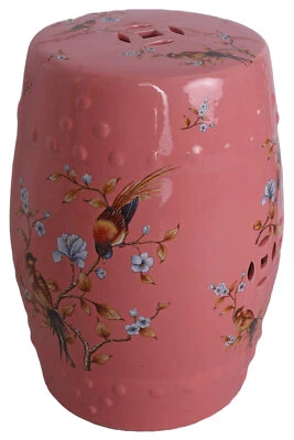 Gartenhocker Porzellan Hocker China Sitzhocker Vögel Keramikhocker Rosa Pouf - Bild 1 von 4