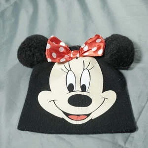 Minnie Mouse Beanie Hat Cap Black White Big Face Bow Ears Disney Skull Ski Girls - Picture 1 of 4